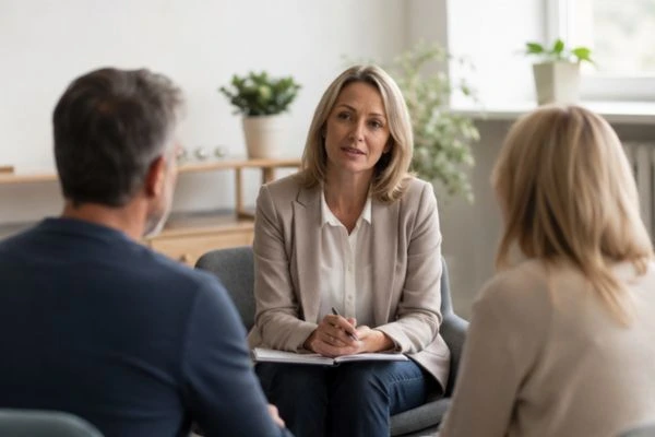 Couple discussing financial arrangement , pensions in divorce Harrow